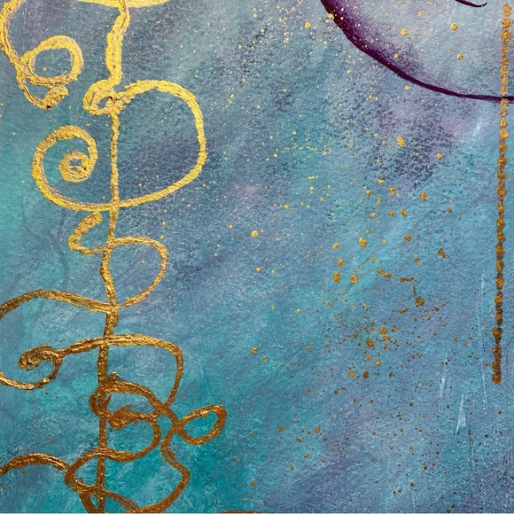 Abstract Original Watercolor Gold Leaf Filigree Green & Purple Painting, 9x12 - Picture 6 of 9